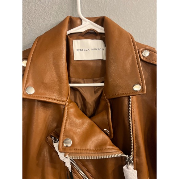 Rebecca Minkoff Cognac Brown Vegan Faux Leather Moto‎ Jacket Biker Zip Up Small - Picture 4 of 13